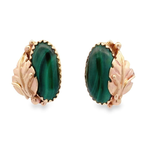 Estate 14K Yellow Gold Malachite Leaf Earrings