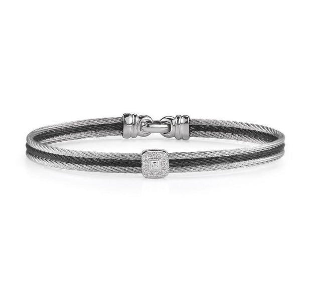 ALOR Black & Grey Cable Classic Stackable Bracelet with Single Square Station set in 18kt White Gold