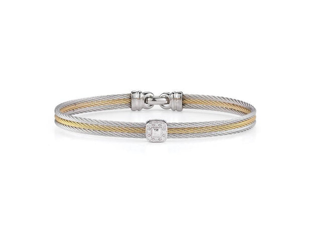 ALOR Grey & Yellow Cable Classic Stackable Bracelet with Single Square Station set in 18kt White Gold