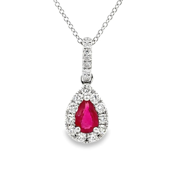 14K White Gold Ruby & Diamond Halo Necklace