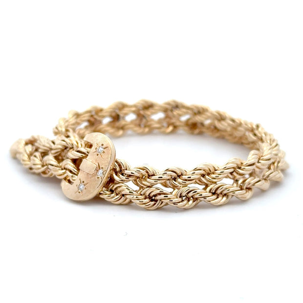 Estate 14K Yellow Gold Double Rope Diamond Buckle Bracelet