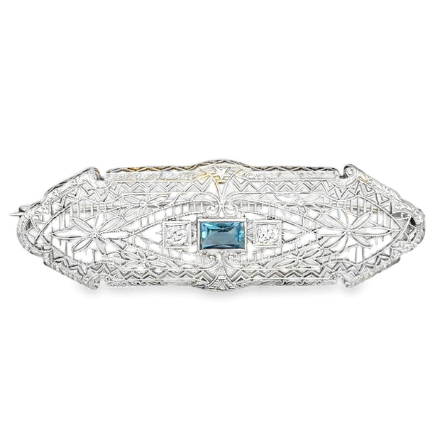 Estate 14K White Gold Aquamarine & Diamond Brooch