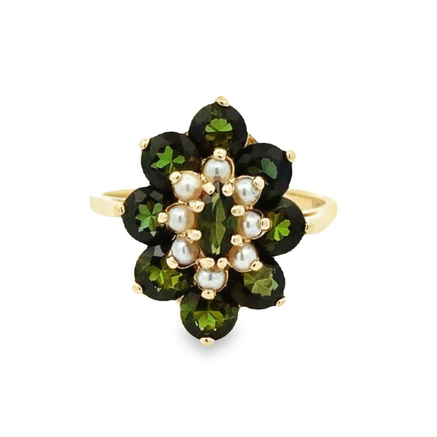 Estate 14K Yellow Gold Green Tourmaline & Akoya Pearl Ring