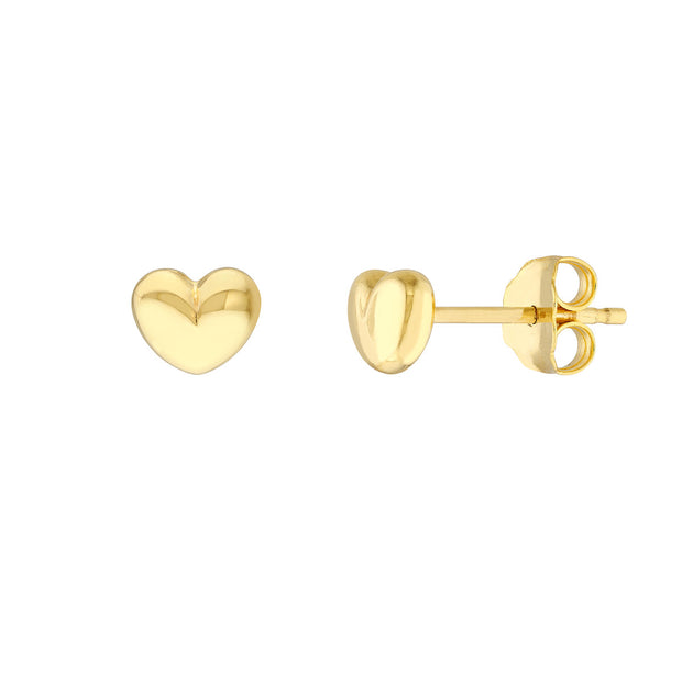 14K Yellow Gold Puffy Heart Stud Earrings on Post Back