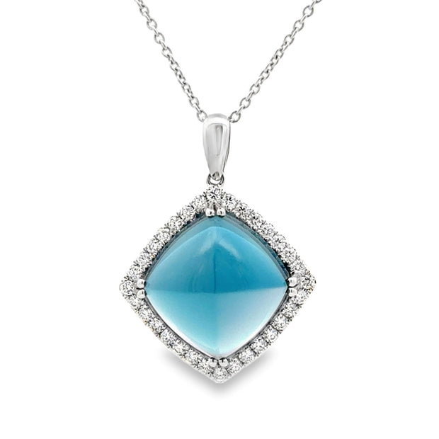 14K White Gold Sugar Loaf Blue Topaz & Diamond Necklace