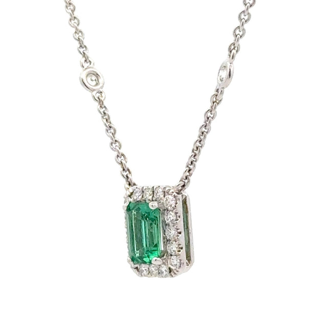 14K White Gold Emerald & Diamond Necklace