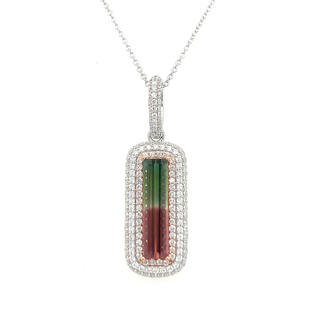 18K White & Rose Gold Watermelon Tourmaline & Diamond Halo Necklace