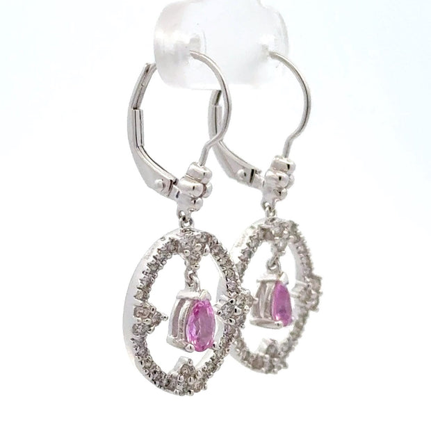 Estate 14K White Gold Pink Sapphire & Diamond Dangle Earrings