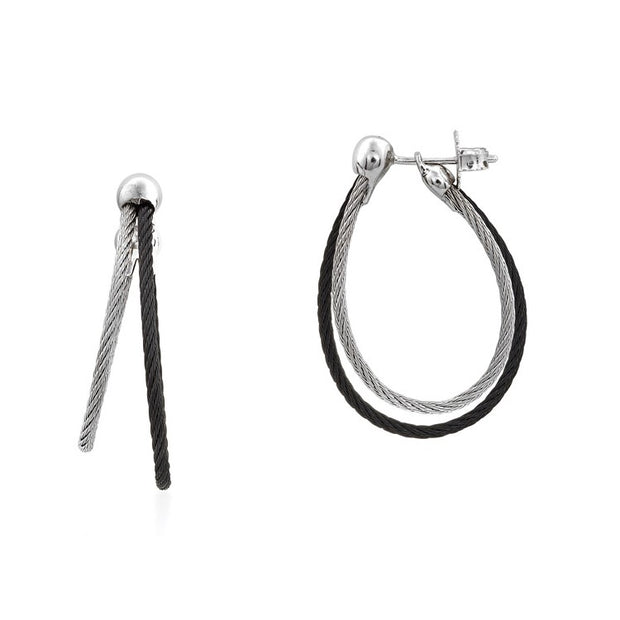 ALOR Black & Grey Cable Asymmetrical Hoop Earrings with 18kt White Gold