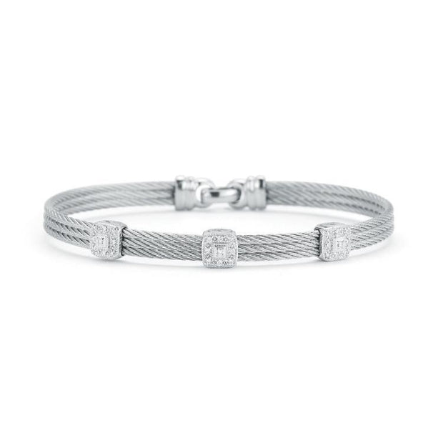 ALOR Grey Cable Classic Stackable Bracelet with Triple Square Station set in 18kt White Gold