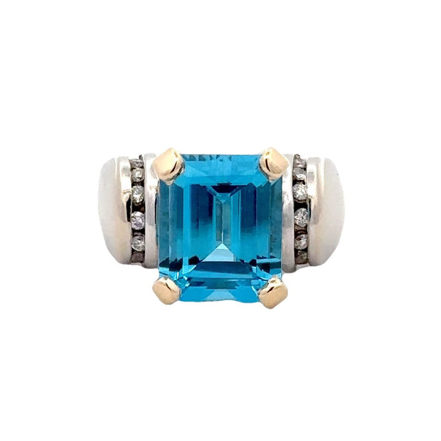 Estate 14K White & Yellow Gold Blue Topaz & Diamond Ring