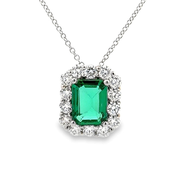 18K White Gold Emerald & Diamond Halo Necklace