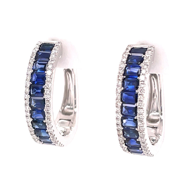 14K White Gold Sapphire & Diamond Oblong Hoop Earrings