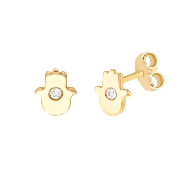 14K Yellow Gold Diamond Hamsa Micro Stud Earrings