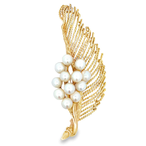 Estate 14K Yellow Gold & Akoya Pearl Feather Brooch