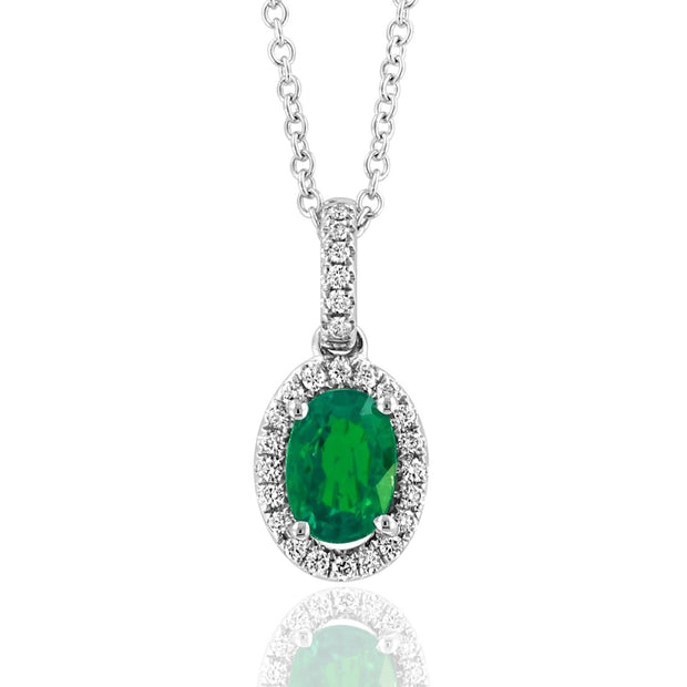 14K White Gold Emerald & Diamond Halo Necklace