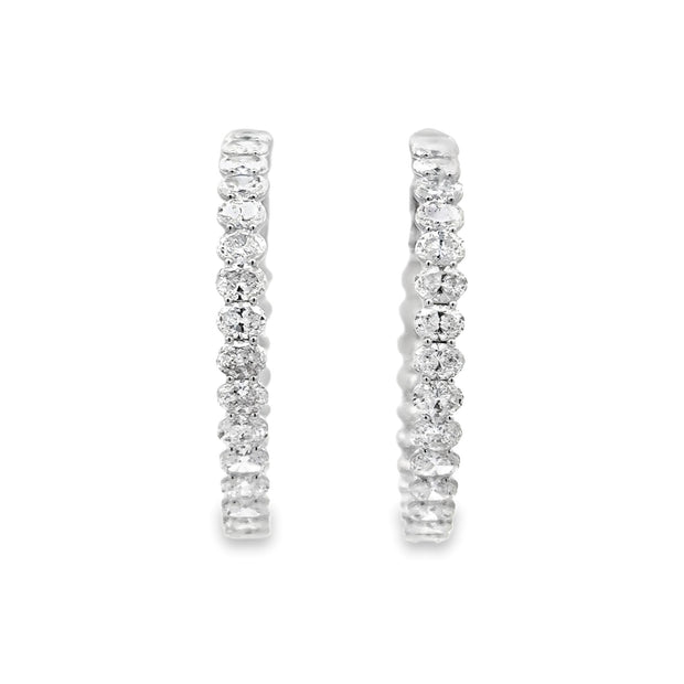 18K White Gold Oval-Cut Diamond Hoop Earrings