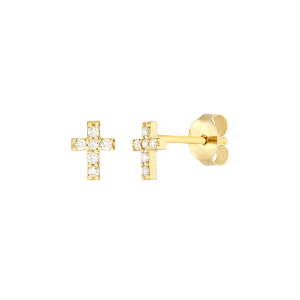 14K Yellow Gold Diamond Cross Stud Earrings