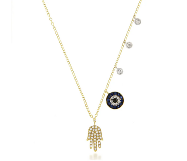 Meira T 14K Yellow & White Gold Diamond & Sapphire Hamsa and Evil Eye Necklace