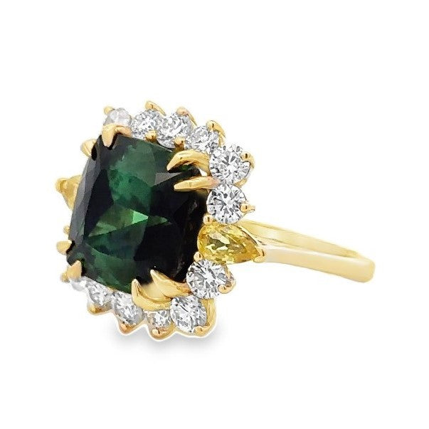18K Yellow Gold Green Tourmaline, Yellow Sapphire & Diamond Ring