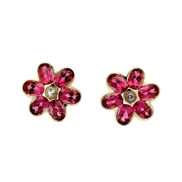 Estate 14K Yellow Gold Pink Tourmaline & Diamond Earrings