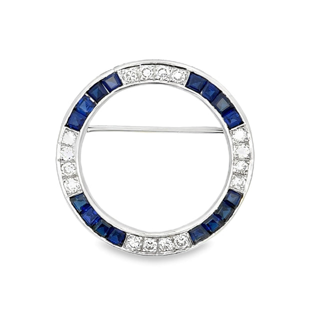 Estate 14K White Gold Sapphire & Diamond Brooch