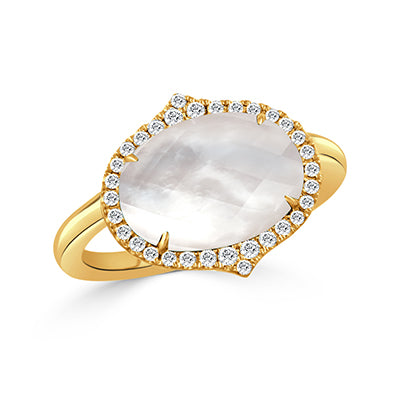 Doves 18K Yellow Gold Mother of Pearl, Clear Quartz & Diamond Ring