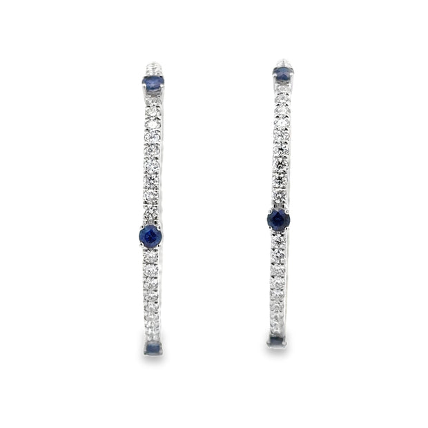 18K White Gold Diamond & Sapphire Hoop Earrings