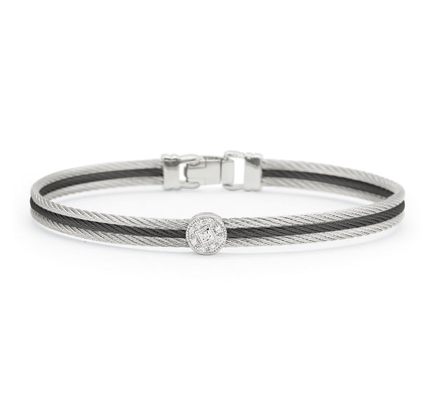 ALOR Black & Grey Cable Classic Stackable Bracelet with Single Round Station set in 18kt White Gold