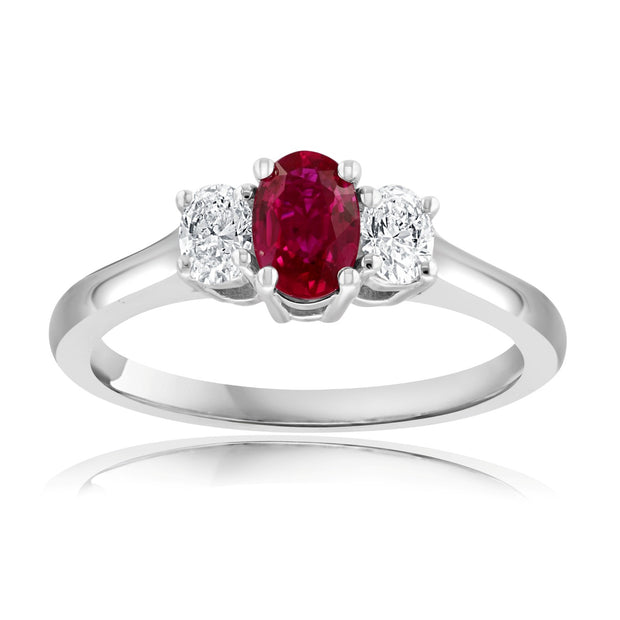 18K White Gold Ruby & Diamond Three Stone Ring