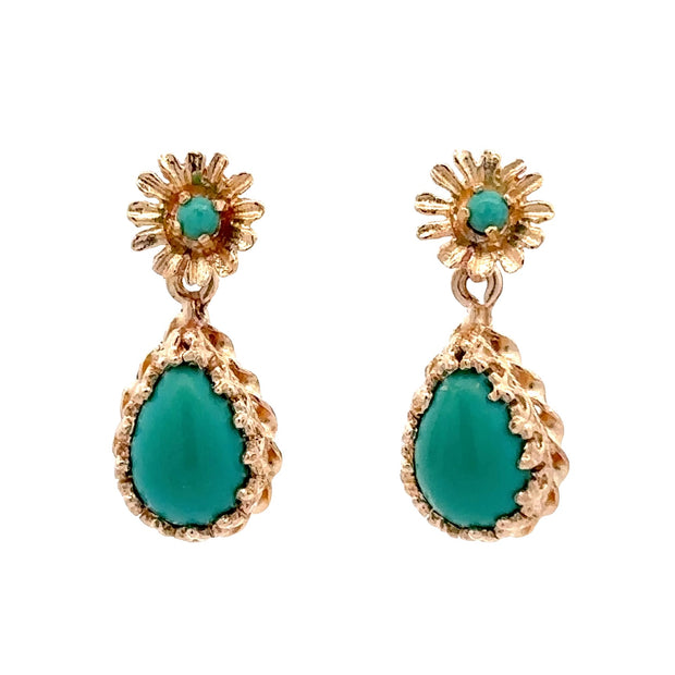 Estate 14K Yellow Gold Turquoise Dangle Earrings