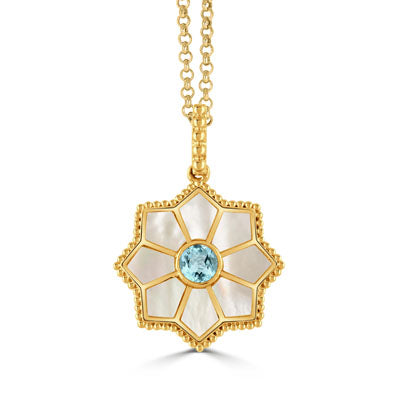Doves 18K Yellow Gold Mother of Pearl & Blue Topaz Necklace