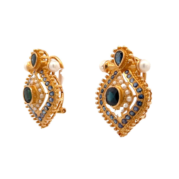 Estate 22K Yellow Gold Sapphire & Diamond Earrings