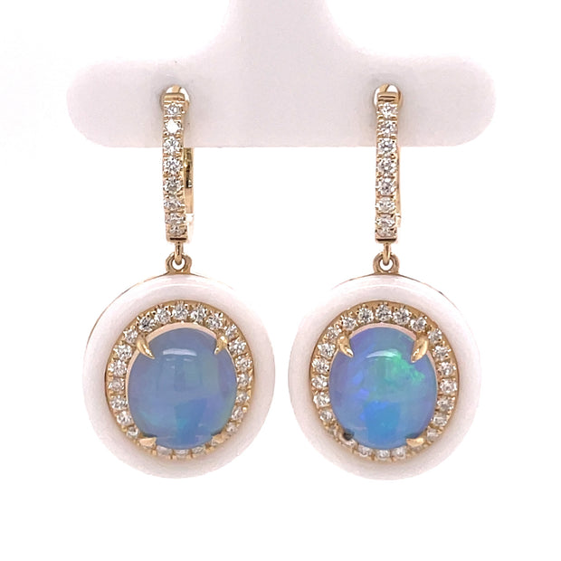 14K Yellow Gold Ethiopian Opal, Diamond, & White Onyx Earrings