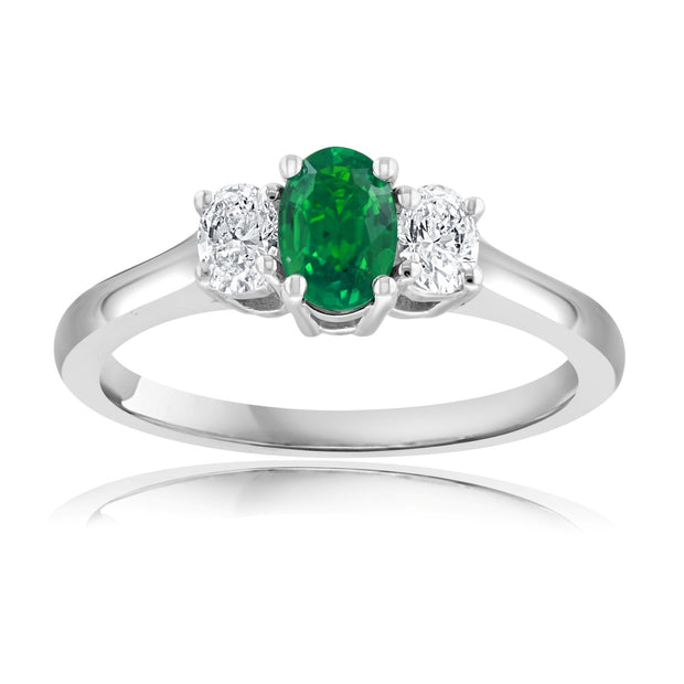 18K White Gold Emerald & Diamond Three Stone Ring