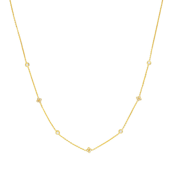 14K Yellow Gold Diamond Bezel and Cluster Stations Necklace