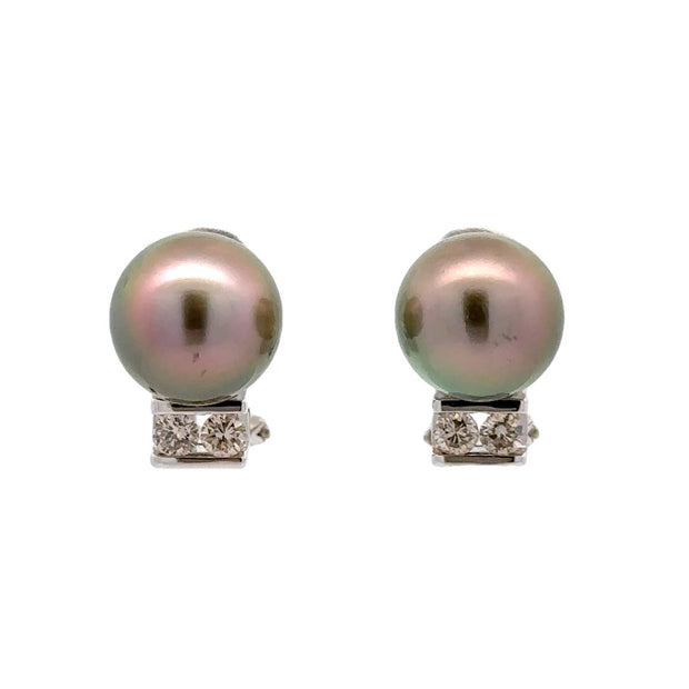 Estate 18K White Gold Tahitian Pearl & Diamond Earrings