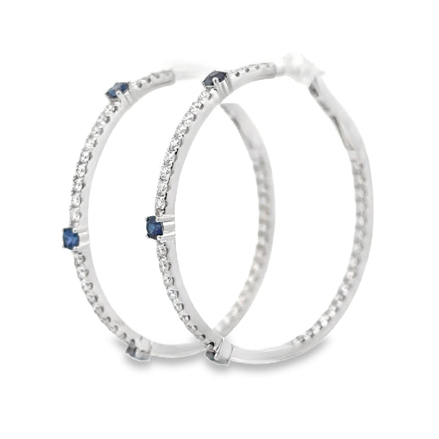 18K White Gold Diamond & Sapphire Hoop Earrings